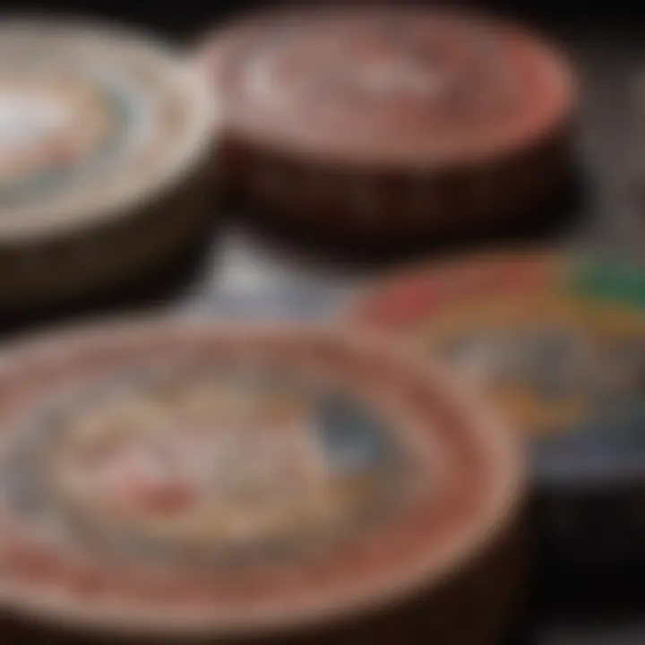 A close-up view of premium clay poker chips showcasing intricate designs and vibrant colors.