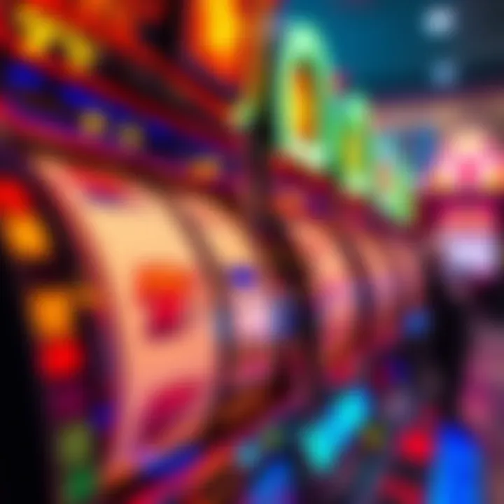 Close-up of a colorful slot machine with spinning reels.