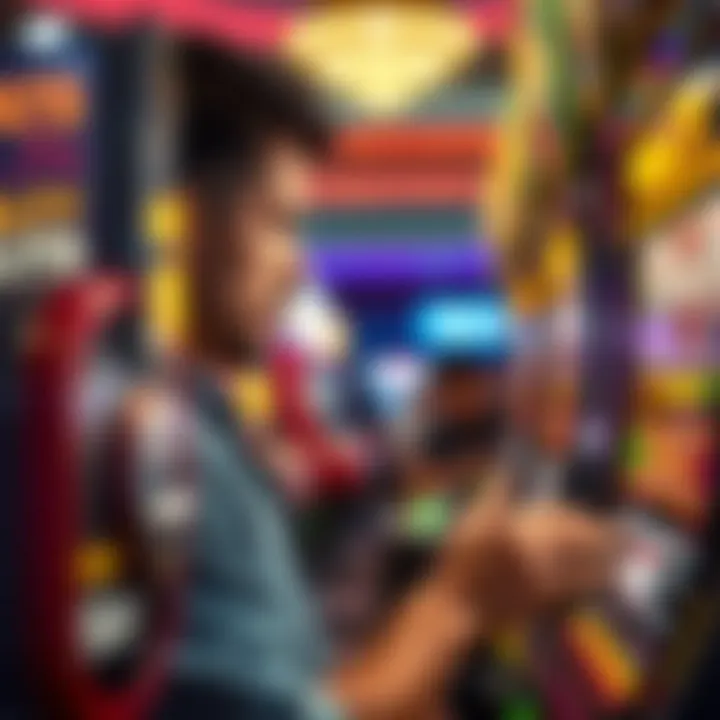 A close-up view of a player engaging with a slot machine