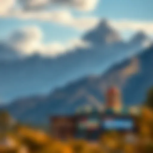 A breathtaking landscape featuring a majestic mountain range with a casino building nestled at the base