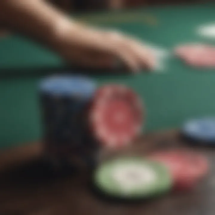 A close-up shot of poker chips and cards on a table.