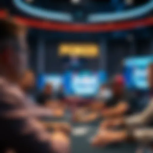 A snapshot of a high-stakes poker tournament on TV showcasing intense player concentration.