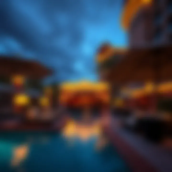 Elegant lounging area by the pool with comfortable seating and umbrellas
