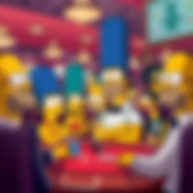 Simpsons Characters in Casino An illustration featuring iconic Simpsons characters engaged in various casino activities, highlighting their unique traits.