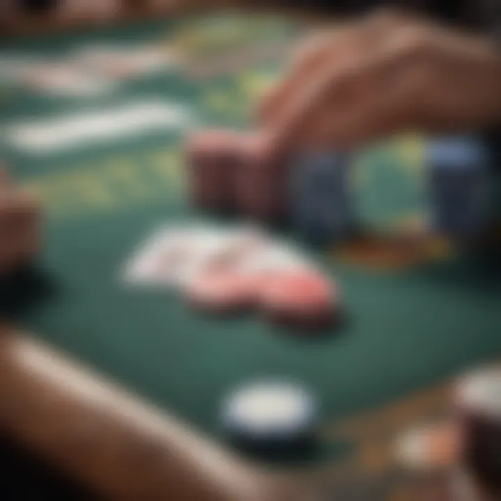 A close-up of poker chips and community cards on the table