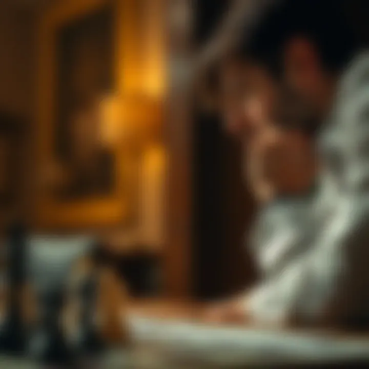 A chess player contemplating a move with betting slips