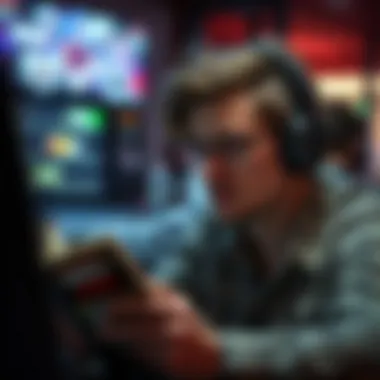 A thoughtful individual immersed in an audiobook experience focused on poker strategies.