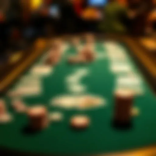 A detailed layout of a poker table with chips and cards spread out