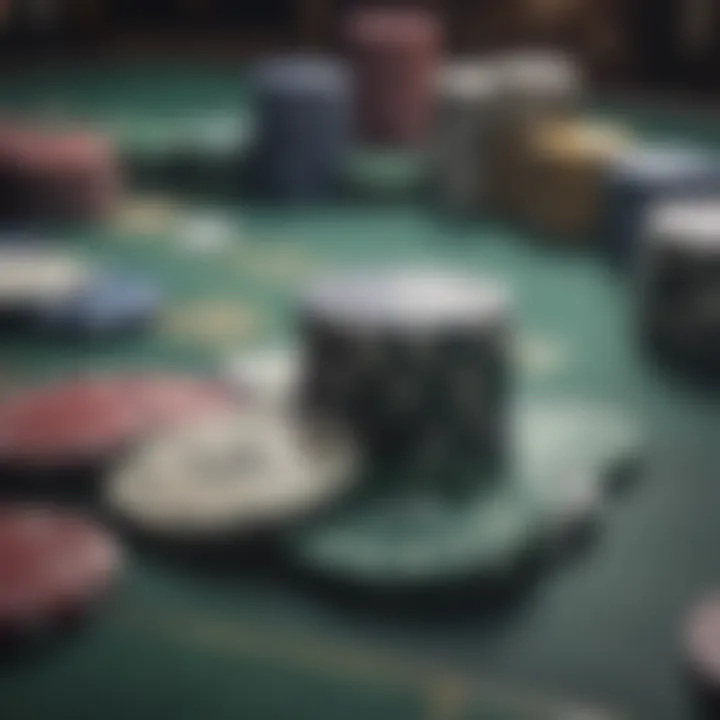 A close-up of poker chips and cards on a gaming table