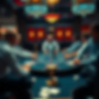 An overview of a blackjack table with players and a dealer