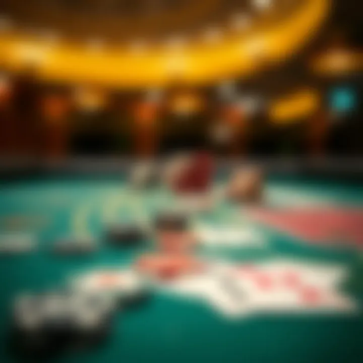 A blackjack table showing chips and cards