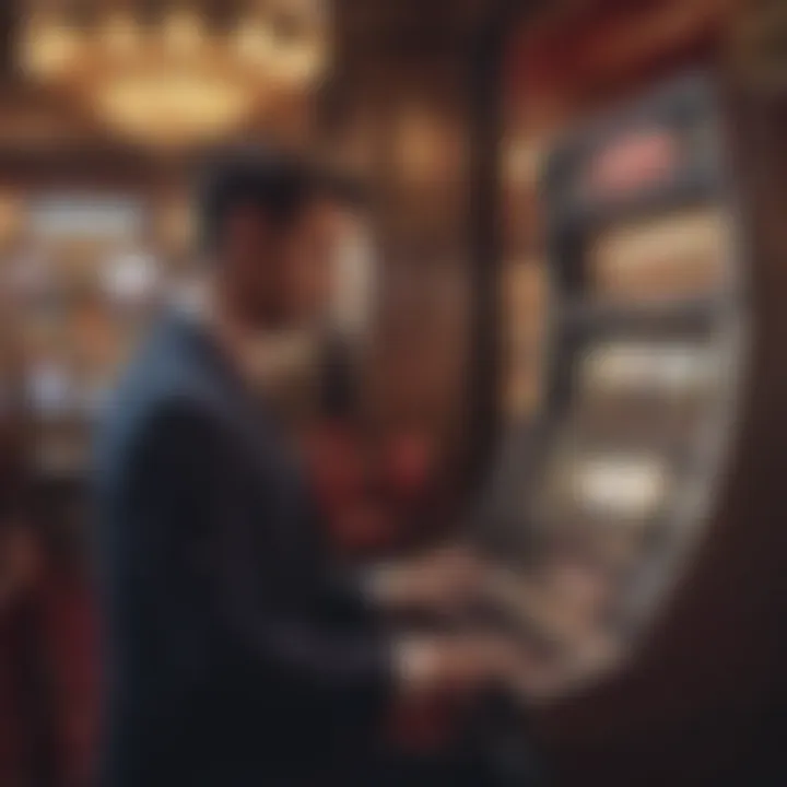 An artistic representation of a player engaging with the Vault slot machine in a casino setting.